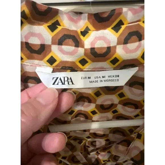 Zara Geometric Print Maxi Dress Sheer Long Sleeve Size Medium Indie Boho Twee - Picture 6 of 9